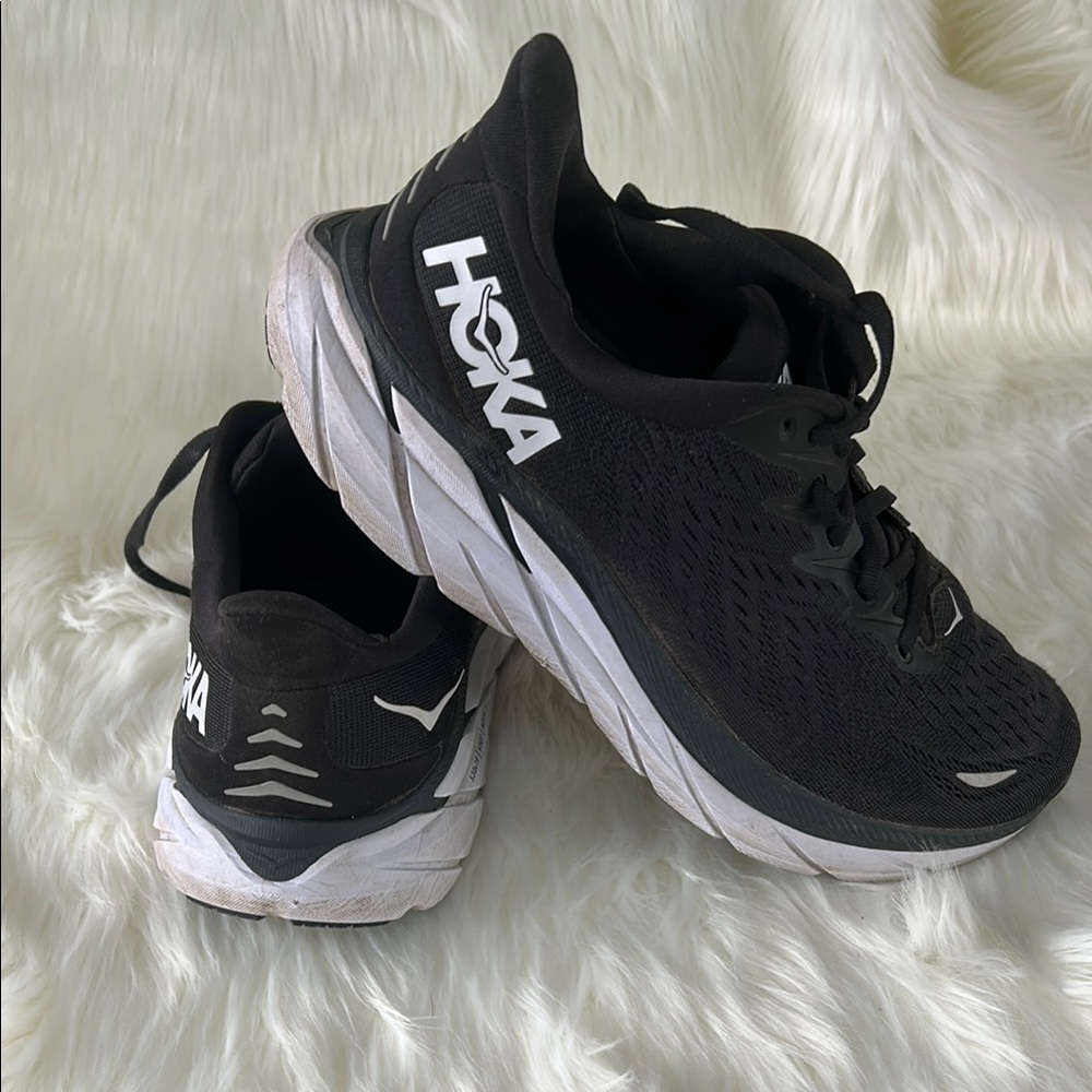 Hoka Black and White Athletic Running Shoes with Cushioned Sole